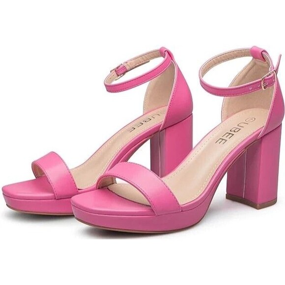 UBEE Womens Size 9.5 Open Toe Ankle Strap Block Heels Sandals Barbie Pink NEW - Picture 1 of 10